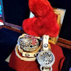 Ring and watch with white braided leather extra long band